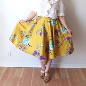 ModCloth Ikebana For All Skirt Yellow Floral A-Line Midi L